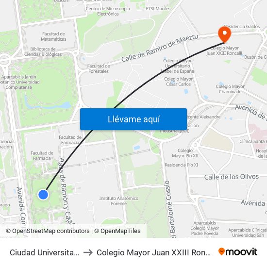 Ciudad Universitaria to Colegio Mayor Juan XXIII Roncalli map