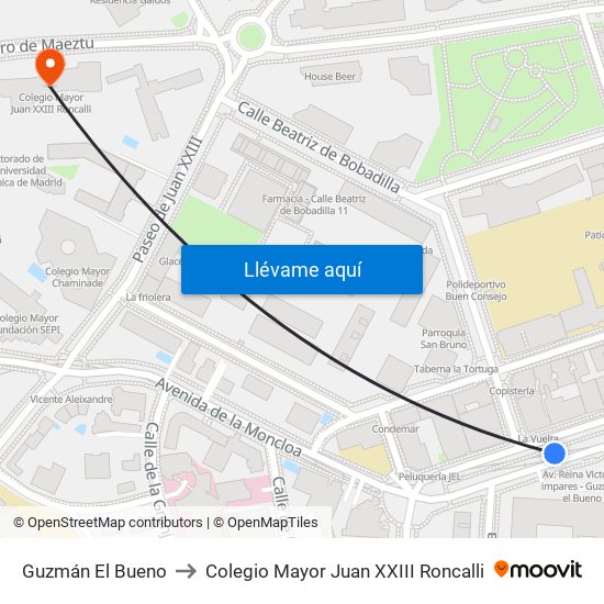 Guzmán El Bueno to Colegio Mayor Juan XXIII Roncalli map