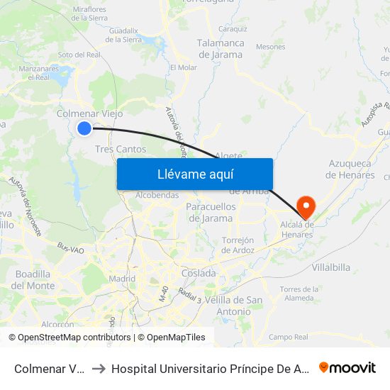 Colmenar Viejo to Hospital Universitario Príncipe De Asturias map