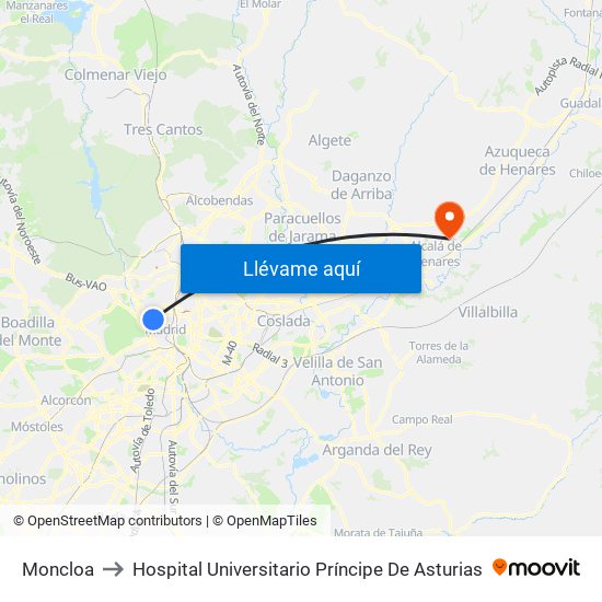 Moncloa to Hospital Universitario Príncipe De Asturias map