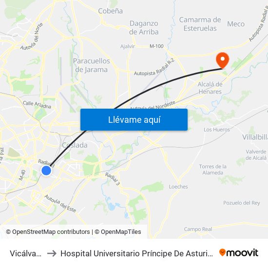 Vicálvaro to Hospital Universitario Príncipe De Asturias map