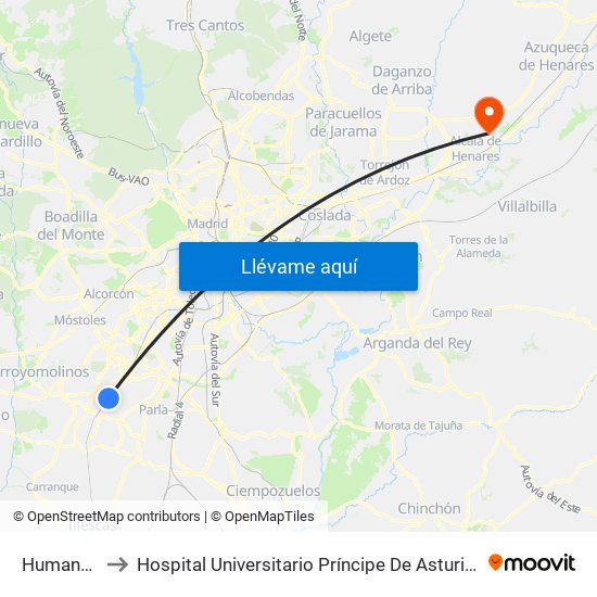 Humanes to Hospital Universitario Príncipe De Asturias map