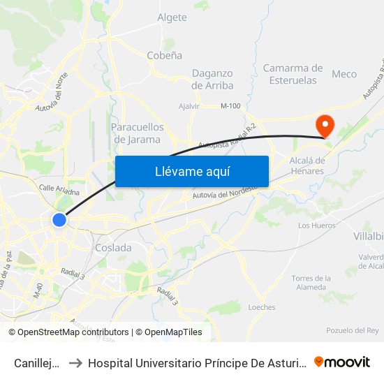Canillejas to Hospital Universitario Príncipe De Asturias map