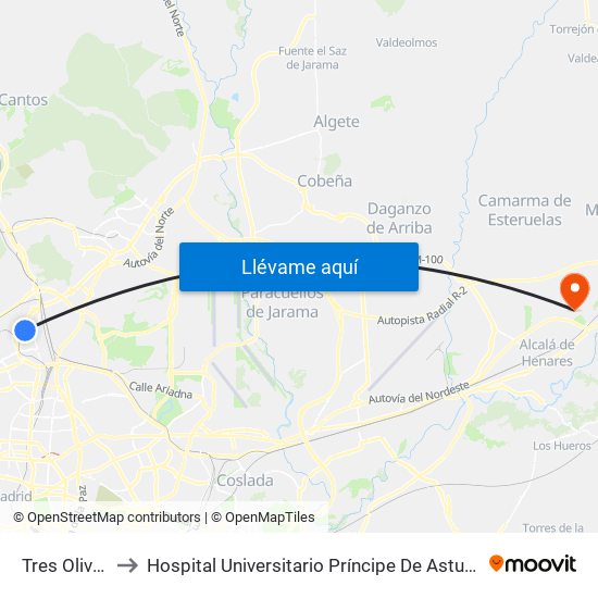 Tres Olivos to Hospital Universitario Príncipe De Asturias map