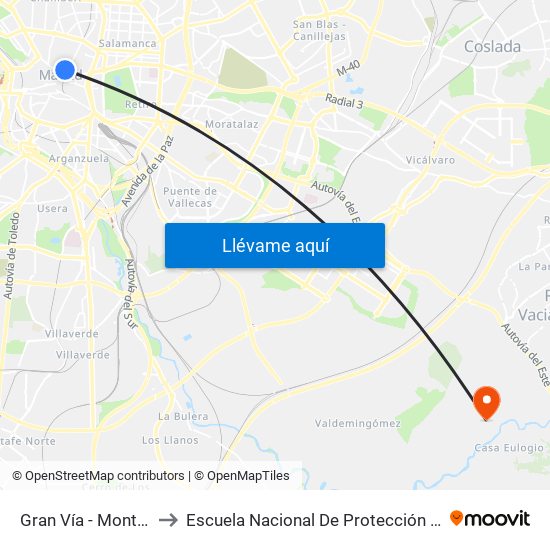 Gran Vía - Montera to Escuela Nacional De Protección Civil map