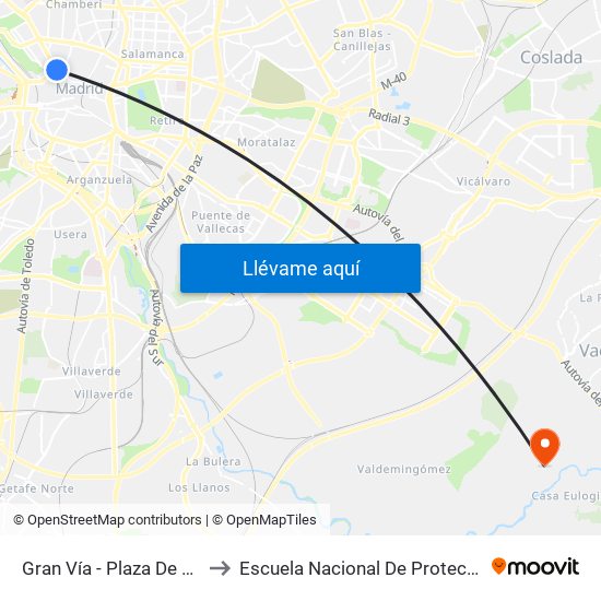 Gran Vía - Plaza De España to Escuela Nacional De Protección Civil map