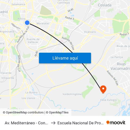 Av. Mediterráneo - Conde De Casal to Escuela Nacional De Protección Civil map