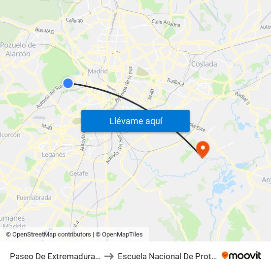 Paseo De Extremadura - El Greco to Escuela Nacional De Protección Civil map