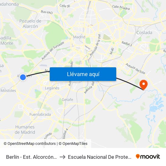 Berlín - Est. Alcorcón Central to Escuela Nacional De Protección Civil map