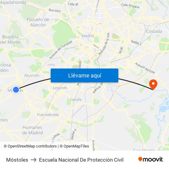 Móstoles to Escuela Nacional De Protección Civil map
