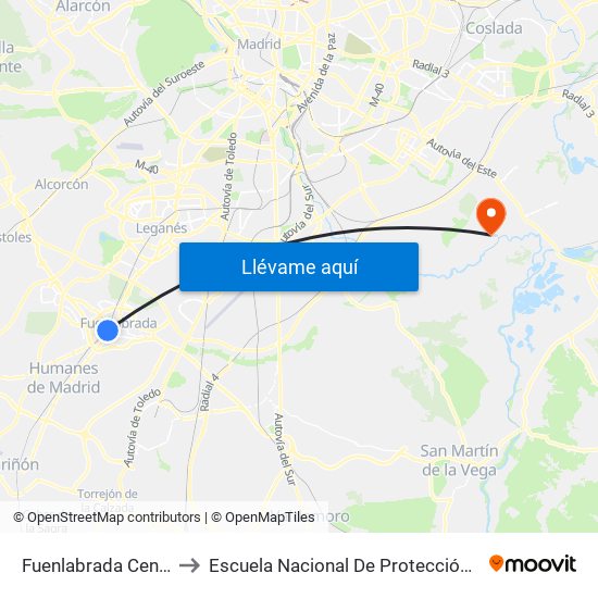 Fuenlabrada Central to Escuela Nacional De Protección Civil map