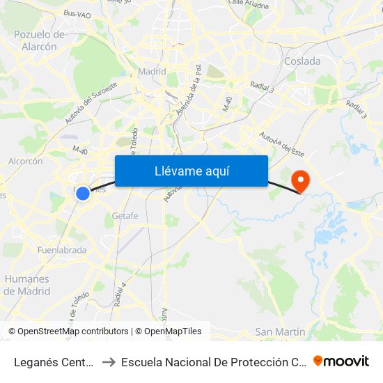 Leganés Central to Escuela Nacional De Protección Civil map