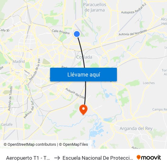 Aeropuerto T1 - T2 - T3 to Escuela Nacional De Protección Civil map