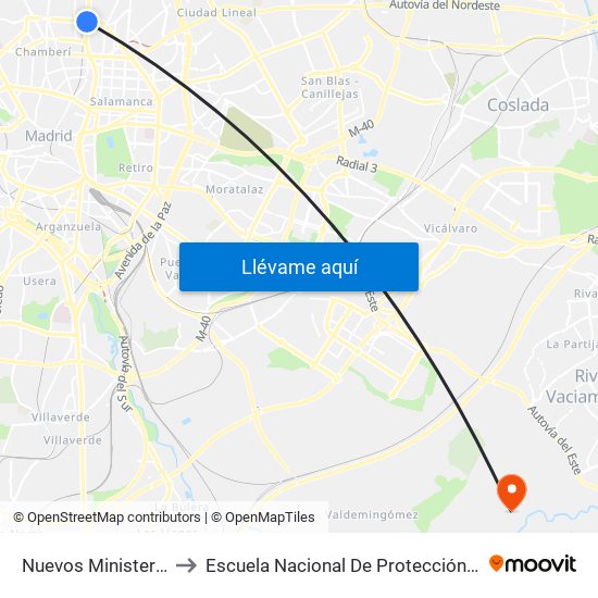 Nuevos Ministerios to Escuela Nacional De Protección Civil map