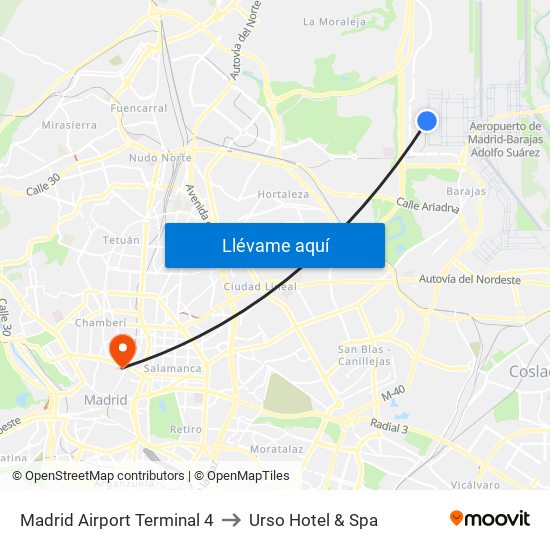 Madrid Airport Terminal 4 to Urso Hotel & Spa map