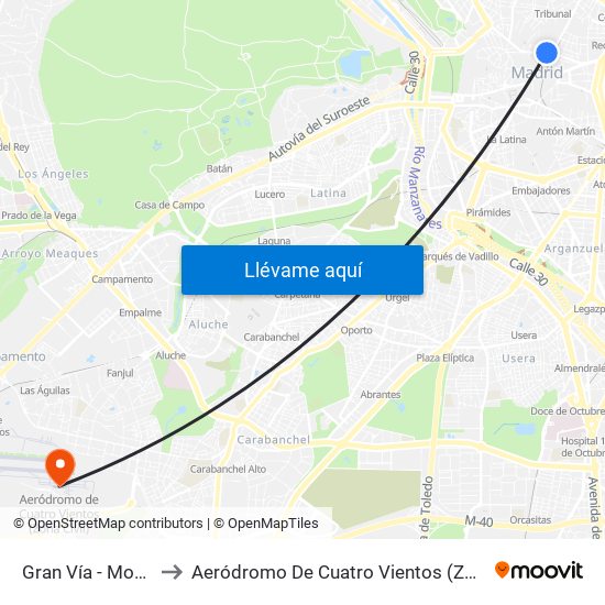 Gran Vía - Montera to Aeródromo De Cuatro Vientos (Zona Civil) map