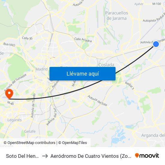 Soto Del Henares to Aeródromo De Cuatro Vientos (Zona Civil) map