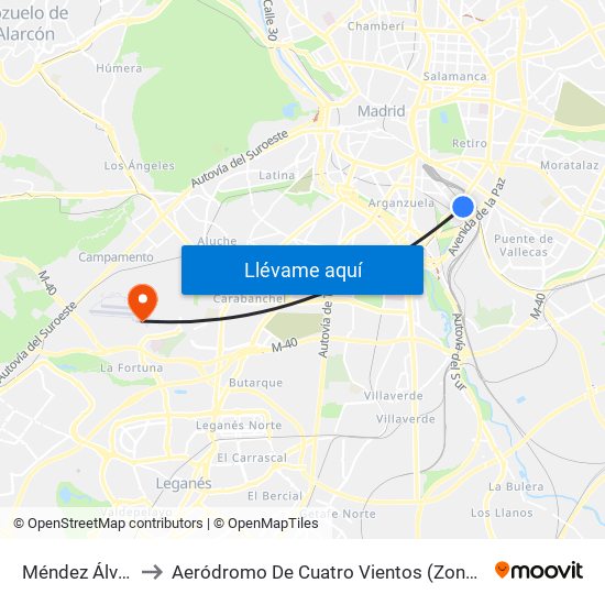 Méndez Álvaro to Aeródromo De Cuatro Vientos (Zona Civil) map