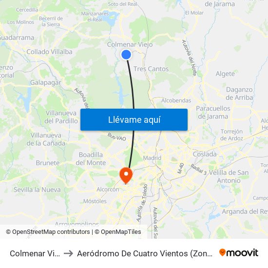 Colmenar Viejo to Aeródromo De Cuatro Vientos (Zona Civil) map