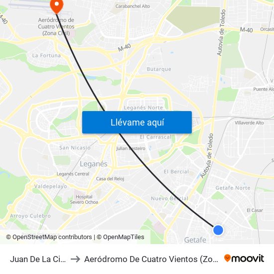 Juan De La Cierva to Aeródromo De Cuatro Vientos (Zona Civil) map