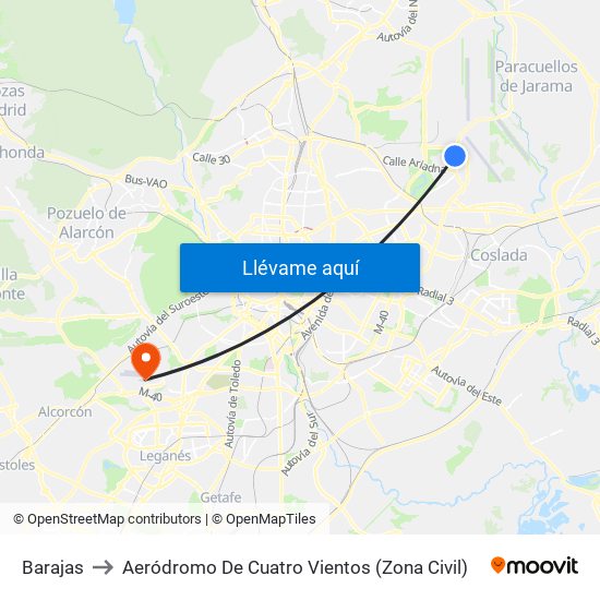 Barajas to Aeródromo De Cuatro Vientos (Zona Civil) map