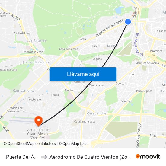 Puerta Del Ángel to Aeródromo De Cuatro Vientos (Zona Civil) map