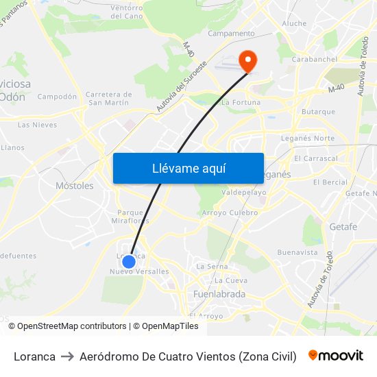 Loranca to Aeródromo De Cuatro Vientos (Zona Civil) map