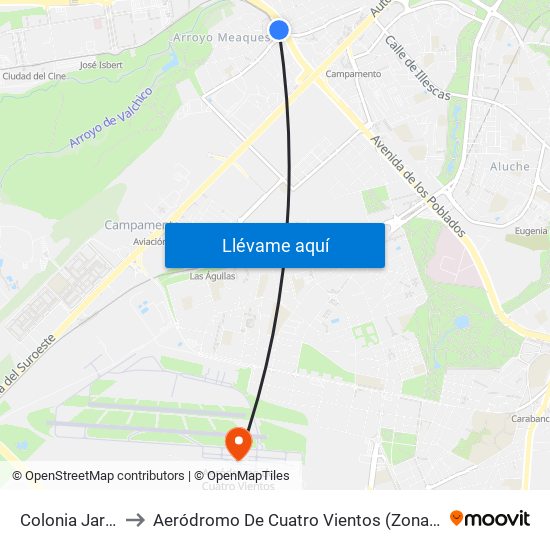 Colonia Jardín to Aeródromo De Cuatro Vientos (Zona Civil) map