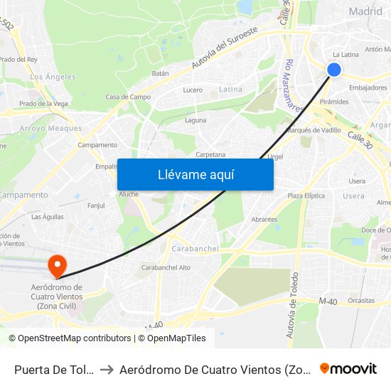 Puerta De Toledo to Aeródromo De Cuatro Vientos (Zona Civil) map