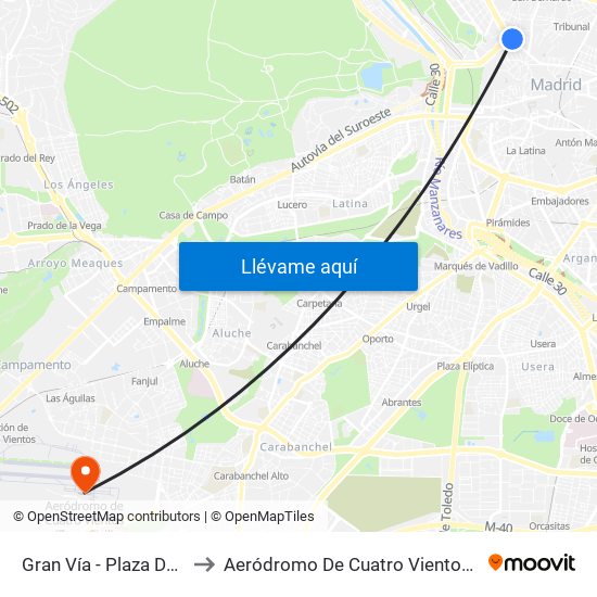 Gran Vía - Plaza De España to Aeródromo De Cuatro Vientos (Zona Civil) map