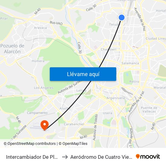 Intercambiador De Plaza De Castilla to Aeródromo De Cuatro Vientos (Zona Civil) map