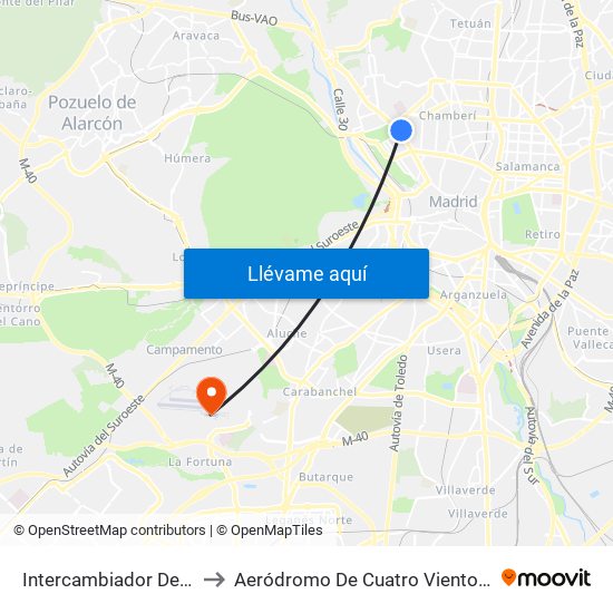 Intercambiador De Moncloa to Aeródromo De Cuatro Vientos (Zona Civil) map
