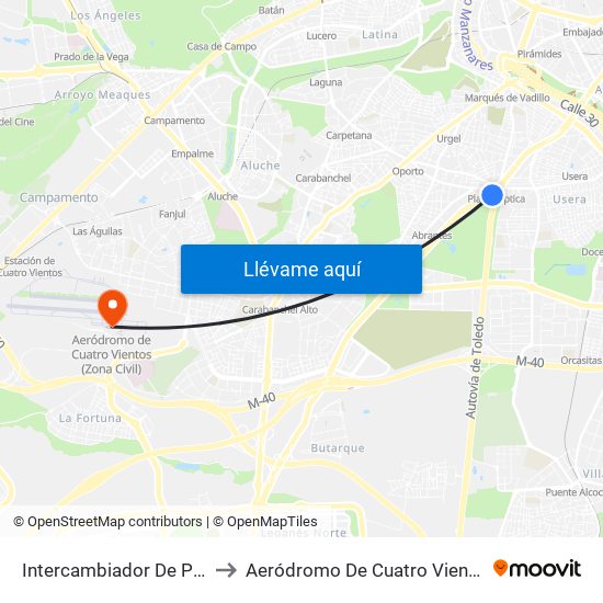 Intercambiador De Plaza Elíptica to Aeródromo De Cuatro Vientos (Zona Civil) map