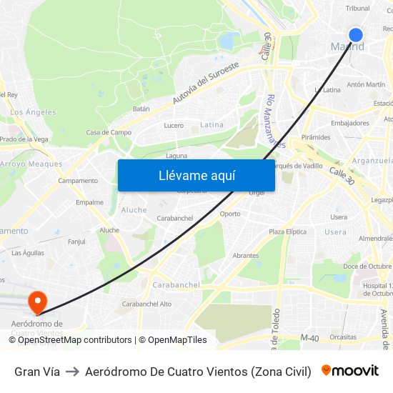 Gran Vía to Aeródromo De Cuatro Vientos (Zona Civil) map