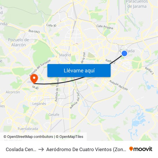 Coslada Central to Aeródromo De Cuatro Vientos (Zona Civil) map
