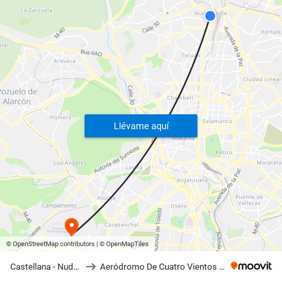 Castellana - Nudo Norte to Aeródromo De Cuatro Vientos (Zona Civil) map