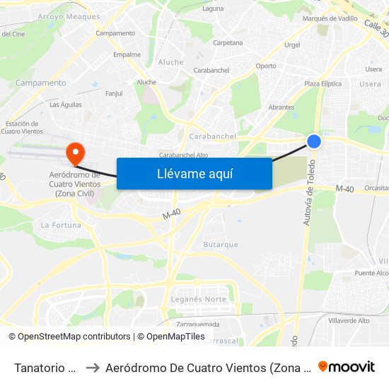 Tanatorio Sur to Aeródromo De Cuatro Vientos (Zona Civil) map
