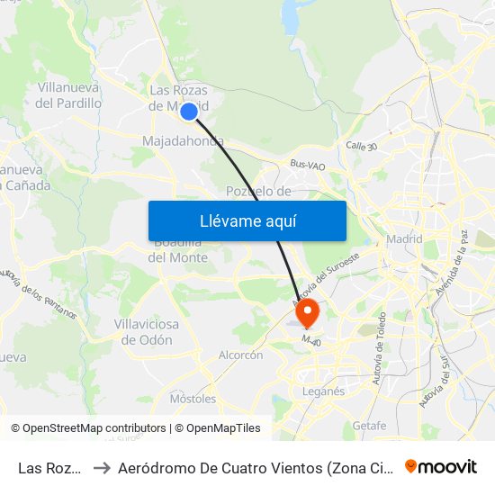 Las Rozas to Aeródromo De Cuatro Vientos (Zona Civil) map