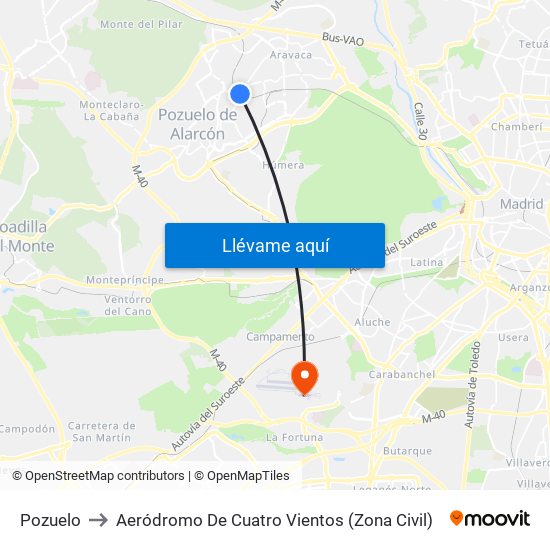 Pozuelo to Aeródromo De Cuatro Vientos (Zona Civil) map