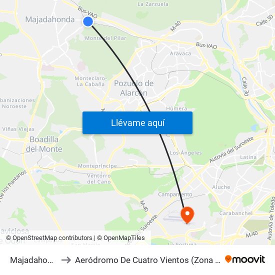 Majadahonda to Aeródromo De Cuatro Vientos (Zona Civil) map