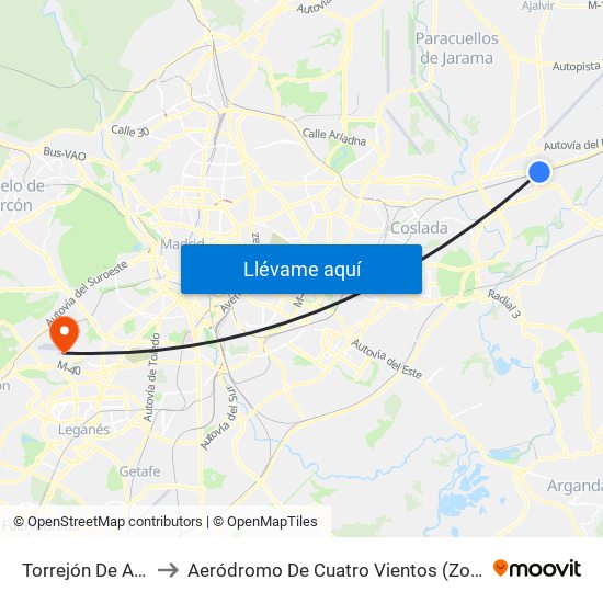 Torrejón De Ardoz to Aeródromo De Cuatro Vientos (Zona Civil) map