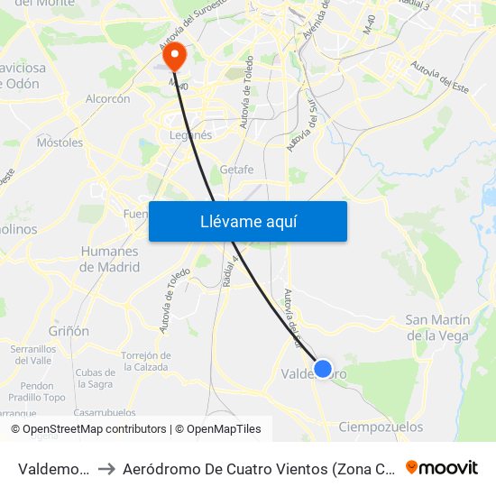 Valdemoro to Aeródromo De Cuatro Vientos (Zona Civil) map