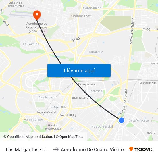 Las Margaritas - Universidad to Aeródromo De Cuatro Vientos (Zona Civil) map