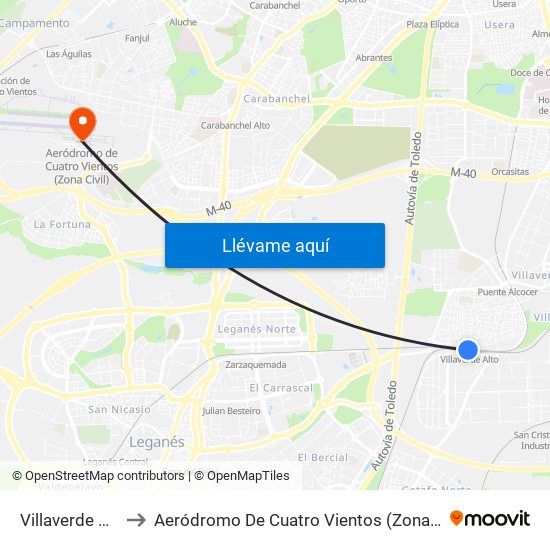 Villaverde Alto to Aeródromo De Cuatro Vientos (Zona Civil) map
