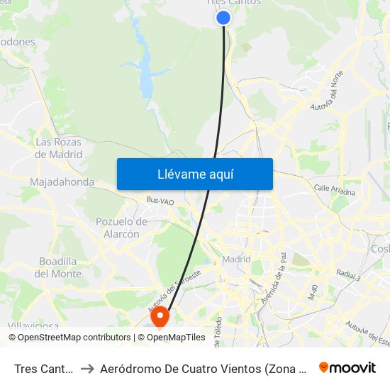 Tres Cantos to Aeródromo De Cuatro Vientos (Zona Civil) map