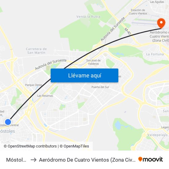 Móstoles to Aeródromo De Cuatro Vientos (Zona Civil) map