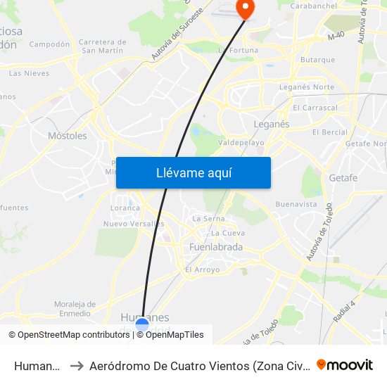 Humanes to Aeródromo De Cuatro Vientos (Zona Civil) map