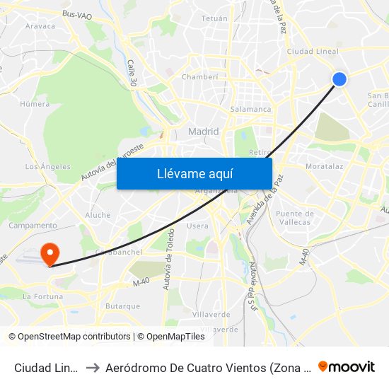 Ciudad Lineal to Aeródromo De Cuatro Vientos (Zona Civil) map