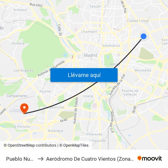 Pueblo Nuevo to Aeródromo De Cuatro Vientos (Zona Civil) map