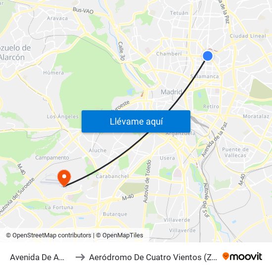 Avenida De América to Aeródromo De Cuatro Vientos (Zona Civil) map